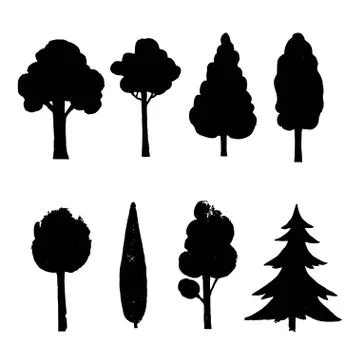 Set of black shapes of trees. Vector illustration. Stock Illustration