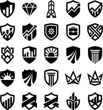 Set of black shield vector icons featuring financial and corporate Stock Illustration