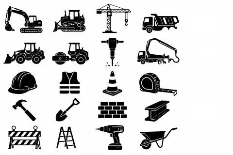 Set of black silhouette construction icons and heavy machinery equipment ve.. Иллюстрация