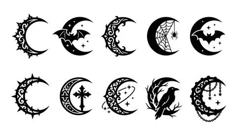 Set of black silhouette crescent moon icons with various gothic and celesti.. Stock Illustration