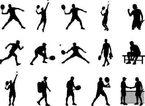 Set of Black Silhouette Figures Playing Tennis Games on White Background 스톡 일러스트