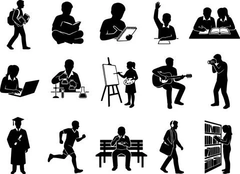Set of Black Silhouette Icons Featuring People Engaged in Diverse Daily Act.. 스톡 일러스트