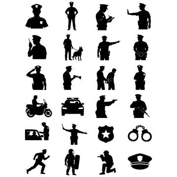 Set of Black Silhouette Icons Featuring Police Officers and Law Enforcement.. 库存插图