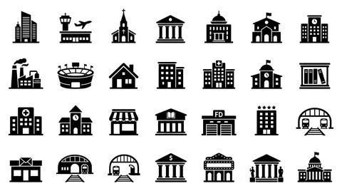 Set of black silhouette icons representing various public urban building Stock Illustration
