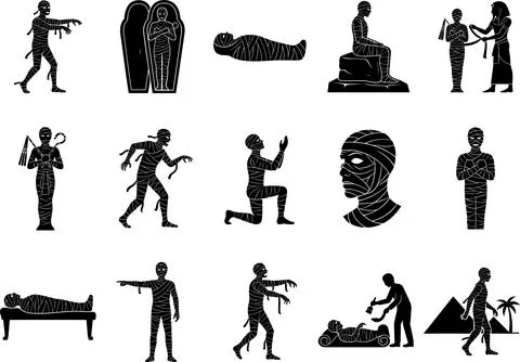 Set of Black Silhouette Illustrations Depicting Ancient Egyptian Mummy Poses 스톡 일러스트