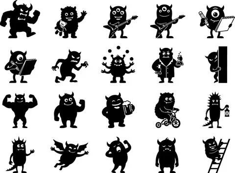 Set of Black Silhouette Illustrations Featuring Various Monsters in Action 스톡 일러스트