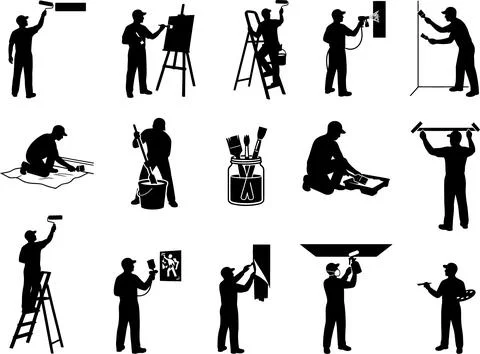 Set of Black Silhouette Illustrations Featuring Professional Painters and D.. 스톡 일러스트