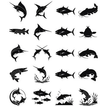 Set of Black Silhouette Illustrations Featuring Various Marine Fish Species.. Stock Illustration