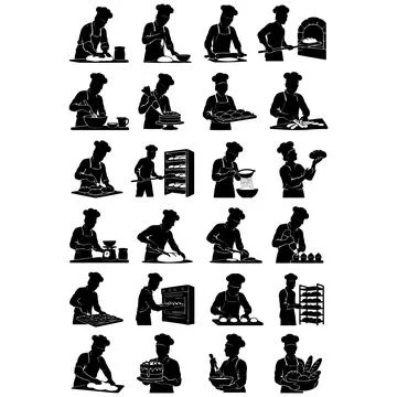 Set of Black Silhouette Illustrations Featuring Bakers Working in a Profess.. Illustration