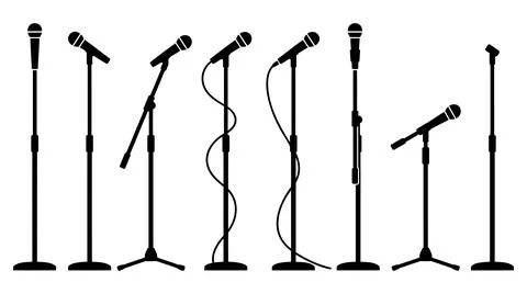 Set of black silhouette microphone stands for professional stage audio Stock Illustration