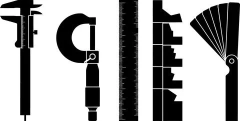 Set of black silhouette precision measuring tools including a caliper, micr.. Stock-Illustration