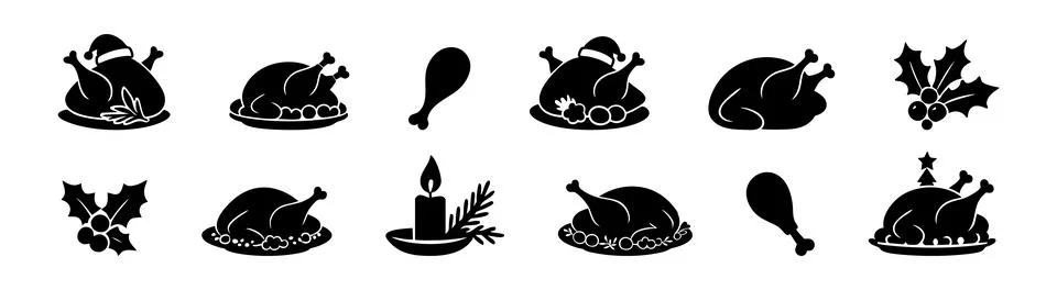 Set of Black silhouette of roasted turkey with Christmas decorative elements Stock Illustration