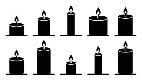 Set of black silhouette simple candle icons with burning flame, suitable fo.. Stock Illustration