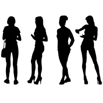 Set of black silhouette standing poses of women isolated on white background. Stock Illustration