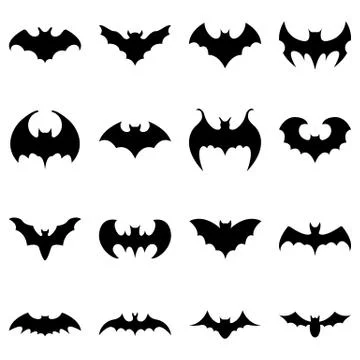 Set of black silhouettes of bats isolated on white background. Collection of  Illustrazione stock