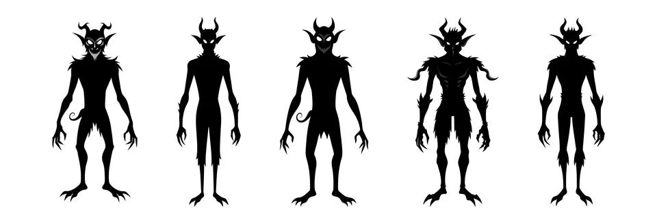 Set of Black silhouettes of devil characters isolated on a white background.. Stock Illustration