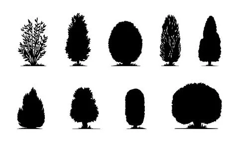 Set of black silhouettes of different trees and bushes isolated on white back Stock Illustration
