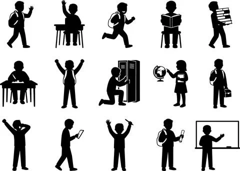 Set of Black Silhouettes Featuring School Children Engaged in Academic Acti.. 스톡 일러스트