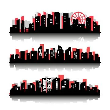 Set of black silhouettes of flat cities panorama of red and black buildings Stock Illustration