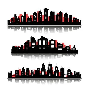 Set of black silhouettes of flat cities panorama of red and black buildings.. Stock Illustration