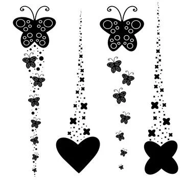 Set of black silhouettes. A flock of abstract cartoon butterflies flying one  Stock Illustration