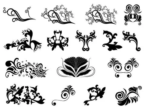 Set of black silhouettes of floral elements over white Ilustração Stock