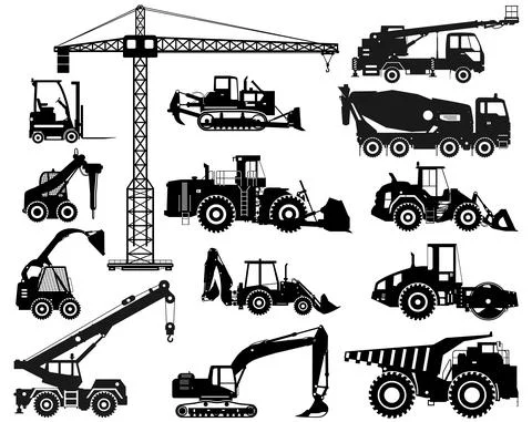 Set of black silhouettes heavy construction and mining machines in flat style on Illustrazione stock