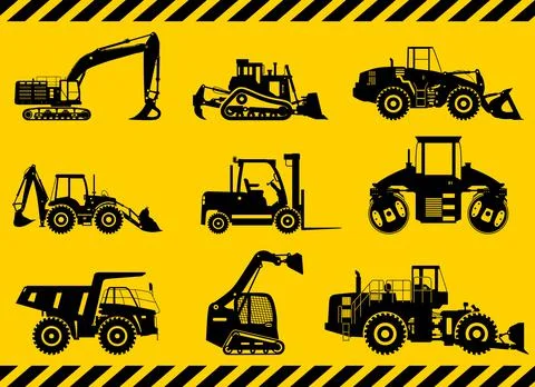 Set of black silhouettes heavy construction and mining machines in flat style on Stock Illustration