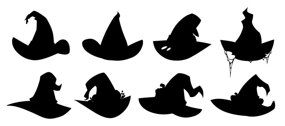 Set of black silhouettes of magic witch hats, different shapes, with holes Illustrazione stock