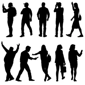 Set of black silhouettes of men and women in different poses and activities o Stock Illustration