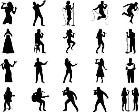 Set of Black Silhouettes of Singers Performing on Stage for Musical Events 스톡 일러스트
