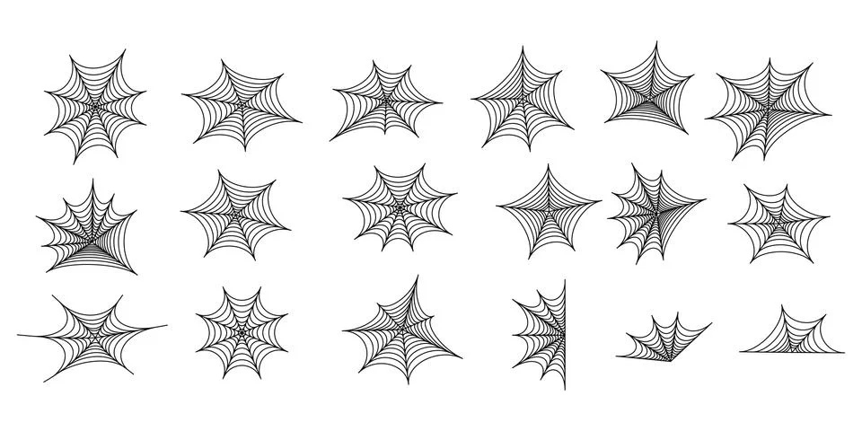 Set of black silhouettes of spider web. Spooky horror design decoration for H Stock Illustration