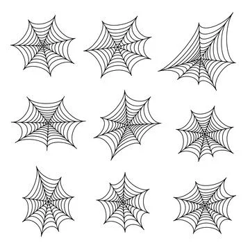 Set of black silhouettes of spider web. Spooky horror design decoration for Stock Illustration