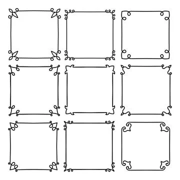 Set of Black Simple Line Frames. Collection of Doodle Square Abstract Borders Illustrazione stock
