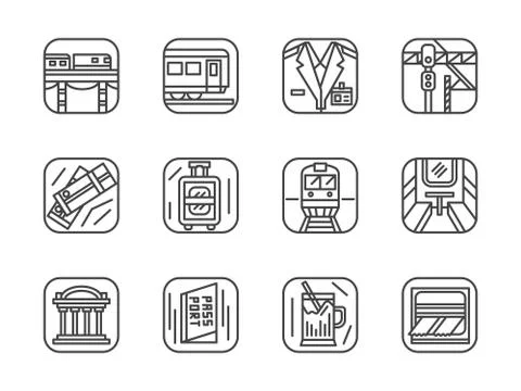Set of black simple line railway vector icons Stock Illustration