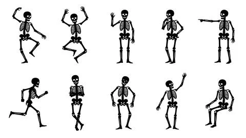 Set of black skeleton silhouettes in various poses including dancing and ru.. Illustrazione stock