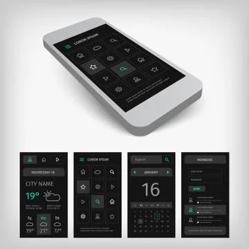 Set of black smartphone mobile user aplication interface Stock Illustration