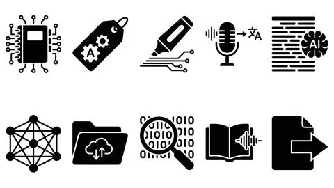 Set of black solid icons for artificial intelligence, digital education, an.. Stock Illustration