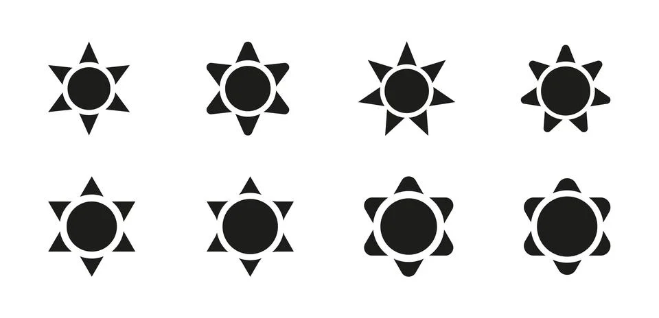 Set of Black Solid Sun Star Icons for Modern Branding Stock Illustration