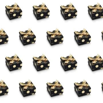 Set of black sparse present boxes with yellow ribbons and bows on white. Illustrazione stock