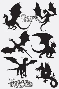 Set black stylized vector illustrations of dragons flying silhouettes eleme.. Stock Illustration