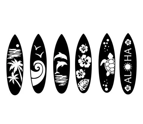 Set of black surfboards with palm tree, turtle,dolphin drawing. Vector Stock Illustration