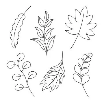 Set of black thin line cute doodle leaves. Stock Illustration
