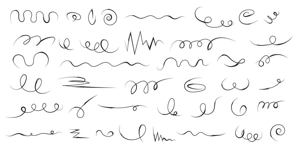 Set of black thin lines doodles for design. Fashion curls. Vector isolated Stock Illustration