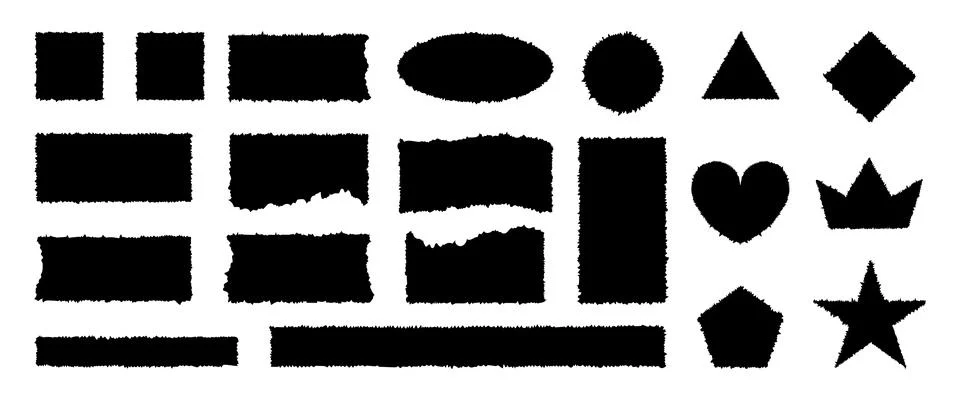 Set of black torn paper rectangles, heart, crown shapes with jagged edges Stock-Illustration