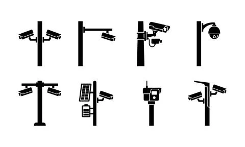 Set of black traffic surveillance camera silhouettes on poles Stock-Illustration