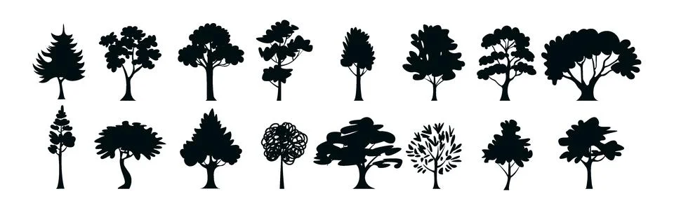 Set of black tree silhouettes. Vector hand-drawn illustrations featuring va.. Stock-Illustration