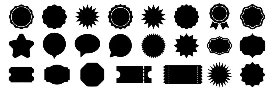 Set of black vector badges, labels, tags, sticker shapes, starbursts, ribbo.. Stock Illustration