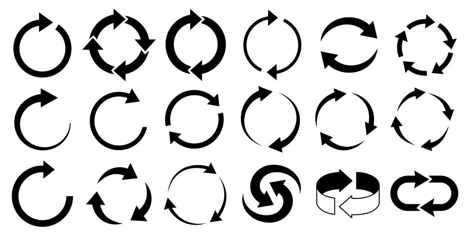 Set of black vector circular arrows, reload icons, and recycle symbols with.. Stock Illustration