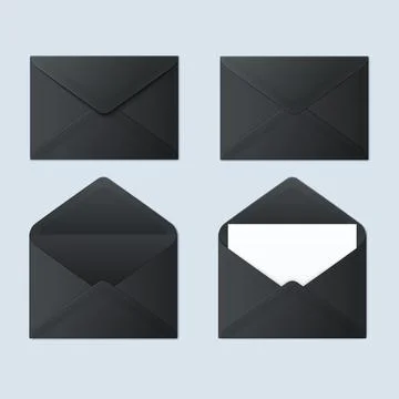 Set of black vector envelopes in different views, isolated on gray background. Illustrazione stock